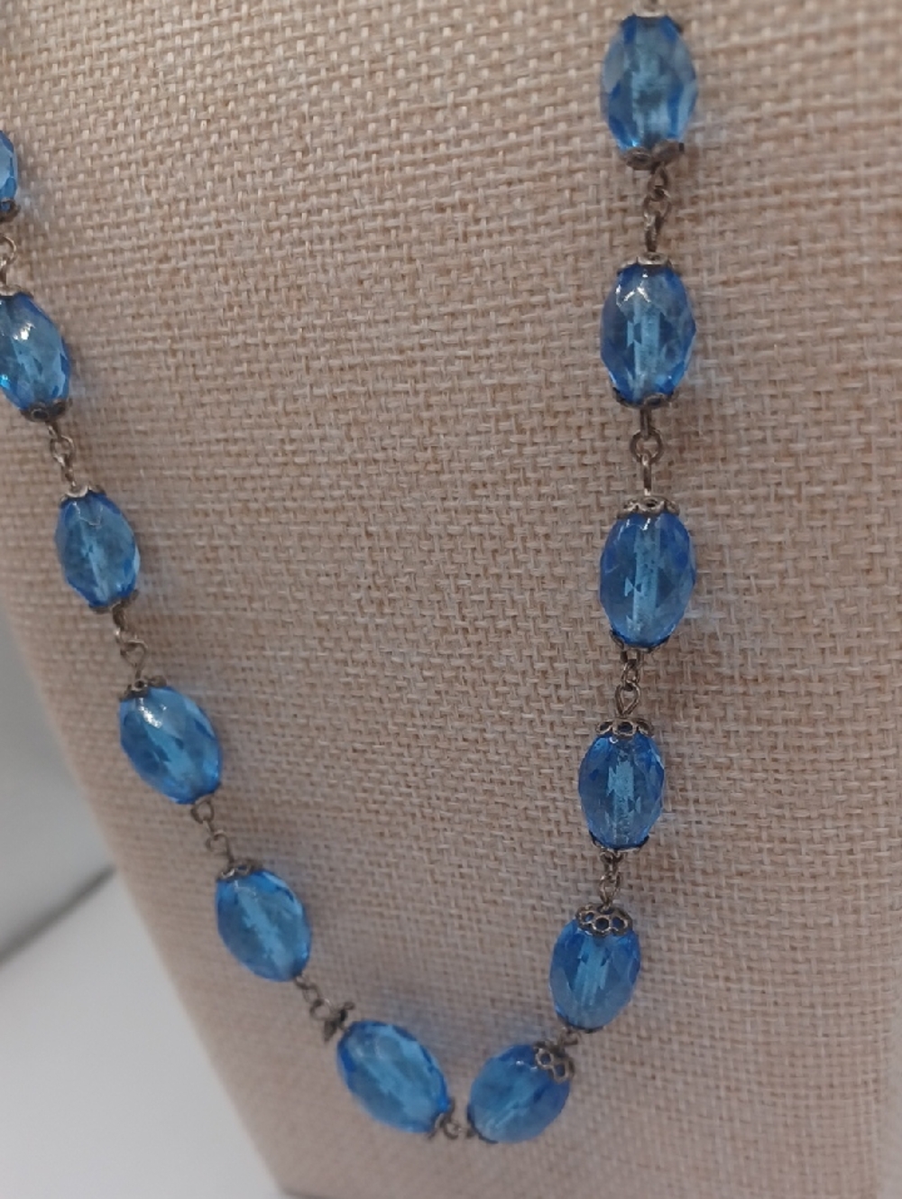 Blue Crystal Beaded Necklace With Floral Style Beadcaps Sterling Clasp - Picture 7 of 7